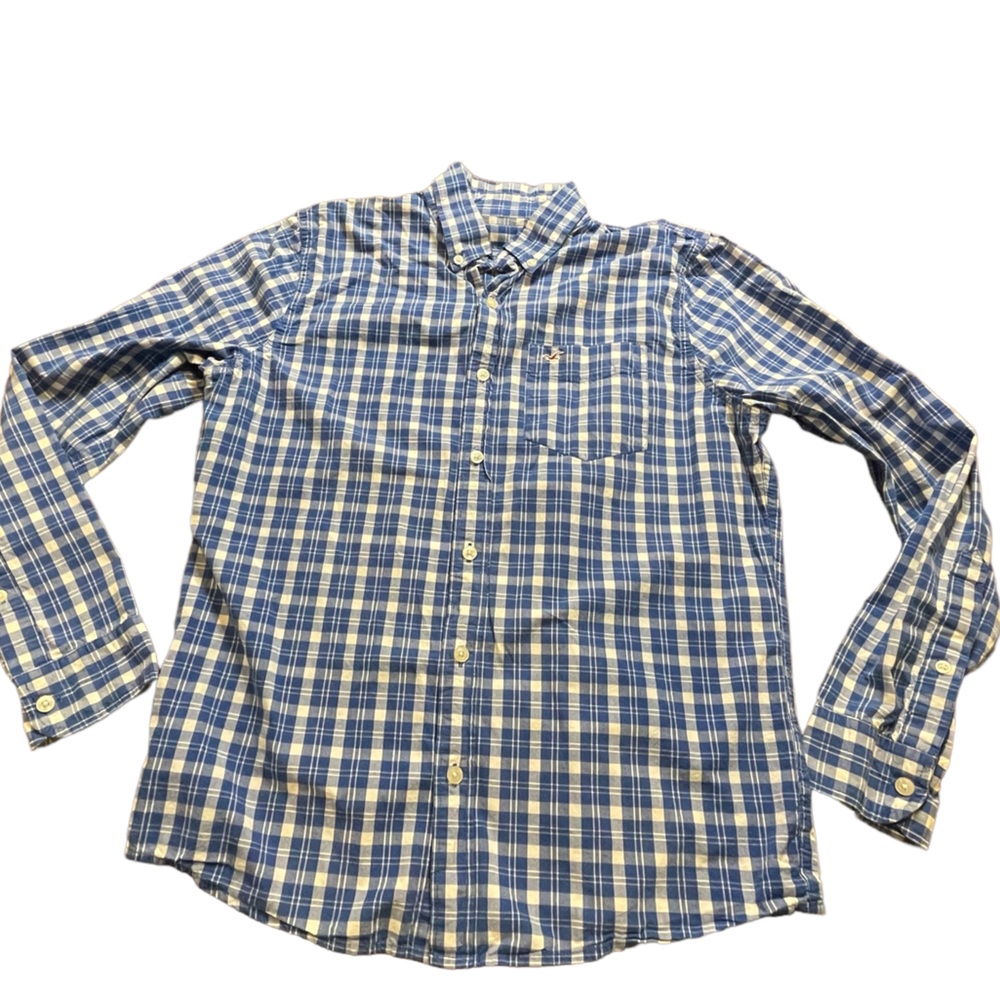 Hollister Plaid 100% Cotton Blue White Long Sleeve Button Down‎